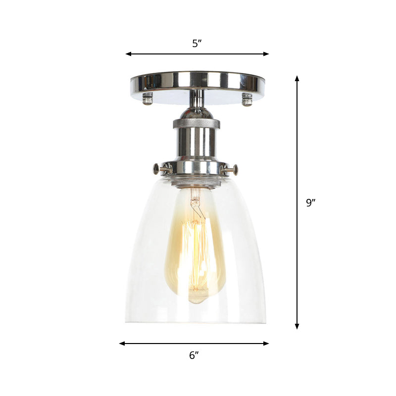 Single Clear/Clear Ribbed Glass Flushmount Farmhouse Chrome Bell/Pear Shaped Corridor Semi Flush Mount Ceiling Light Clearhalo 'Ceiling Lights' 'Close To Ceiling Lights' 'Close to ceiling' 'Semi-flushmount' Lighting' 1918310