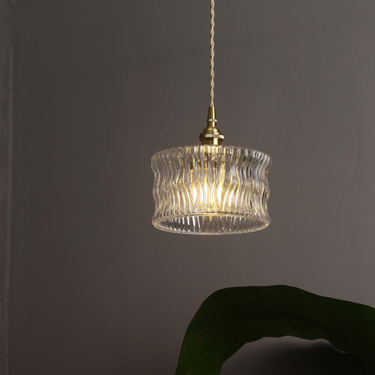Cylindrical Sitting Room Pendant Lamp Antique Clear Ribbed Glass Single Gold Ceiling Light Clear Clearhalo 'Ceiling Lights' 'Glass shade' 'Glass' 'Industrial Pendants' 'Industrial' 'Middle Century Pendants' 'Pendant Lights' 'Pendants' 'Tiffany' Lighting' 1918323