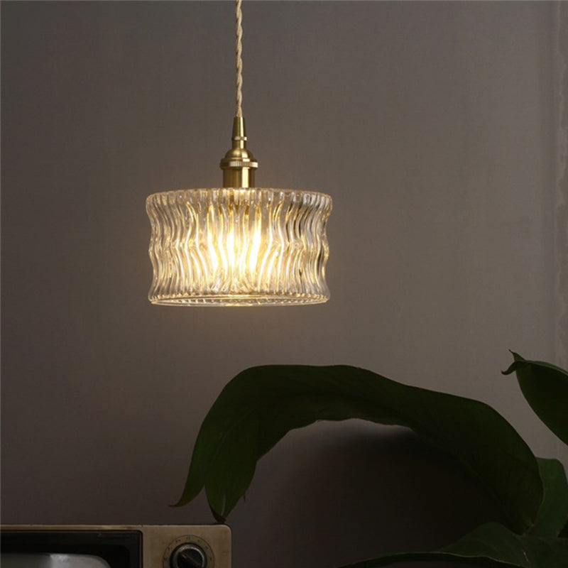 Cylindrical Sitting Room Pendant Lamp Antique Clear Ribbed Glass Single Gold Ceiling Light Clearhalo 'Ceiling Lights' 'Glass shade' 'Glass' 'Industrial Pendants' 'Industrial' 'Middle Century Pendants' 'Pendant Lights' 'Pendants' 'Tiffany' Lighting' 1918325
