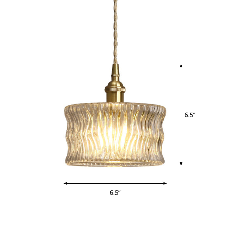 Cylindrical Sitting Room Pendant Lamp Antique Clear Ribbed Glass Single Gold Ceiling Light Clearhalo 'Ceiling Lights' 'Glass shade' 'Glass' 'Industrial Pendants' 'Industrial' 'Middle Century Pendants' 'Pendant Lights' 'Pendants' 'Tiffany' Lighting' 1918327