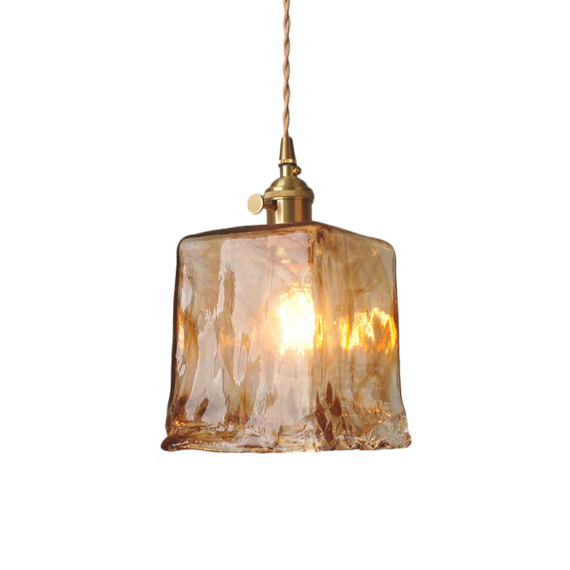 Single-Bulb Hanging Pendant Farmhouse Cone/Cube Coffee Cloud Glass Suspension Lighting in Brass Coffee D Clearhalo 'Ceiling Lights' 'Glass shade' 'Glass' 'Industrial Pendants' 'Industrial' 'Middle Century Pendants' 'Pendant Lights' 'Pendants' 'Tiffany' Lighting' 1918328