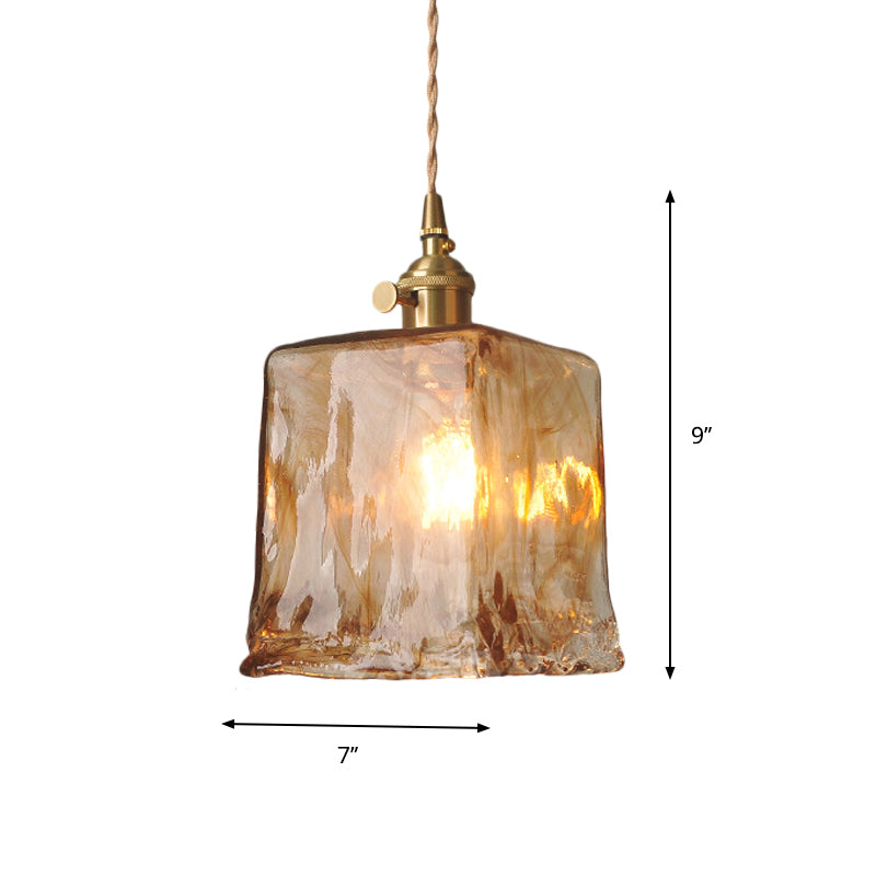 Single-Bulb Hanging Pendant Farmhouse Cone/Cube Coffee Cloud Glass Suspension Lighting in Brass Clearhalo 'Ceiling Lights' 'Glass shade' 'Glass' 'Industrial Pendants' 'Industrial' 'Middle Century Pendants' 'Pendant Lights' 'Pendants' 'Tiffany' Lighting' 1918329