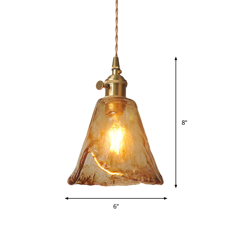 Single-Bulb Hanging Pendant Farmhouse Cone/Cube Coffee Cloud Glass Suspension Lighting in Brass Clearhalo 'Ceiling Lights' 'Glass shade' 'Glass' 'Industrial Pendants' 'Industrial' 'Middle Century Pendants' 'Pendant Lights' 'Pendants' 'Tiffany' Lighting' 1918333