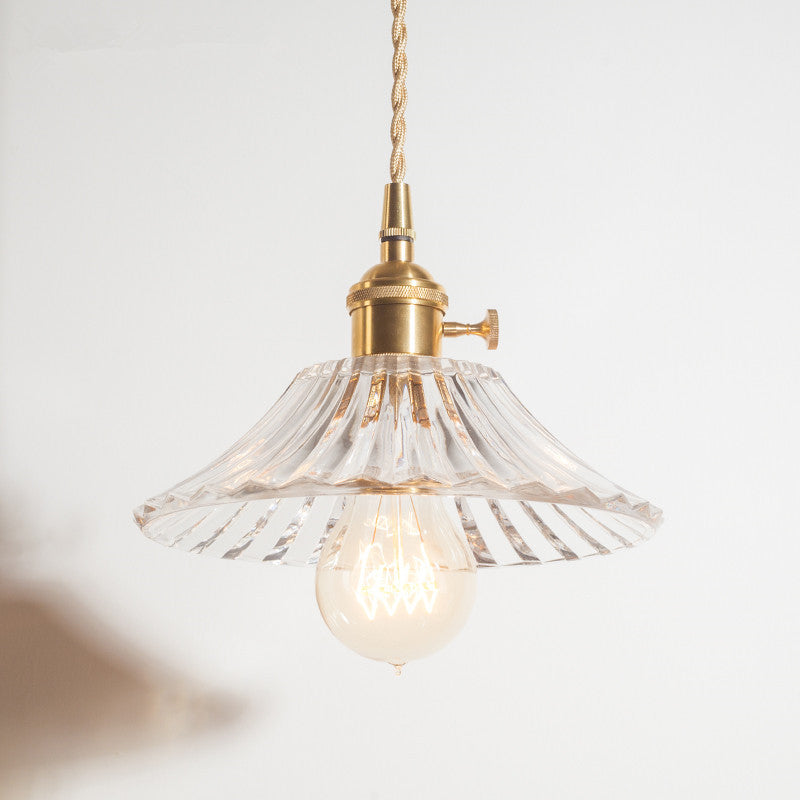 1-Light Floral/Flared/Cone Hanging Lamp Rustic Brass Clear Ribbed/Gridded Glass Ceiling Pendant Light over Table Brass C Clearhalo 'Ceiling Lights' 'Glass shade' 'Glass' 'Industrial Pendants' 'Industrial' 'Middle Century Pendants' 'Pendant Lights' 'Pendants' 'Tiffany' Lighting' 1918336