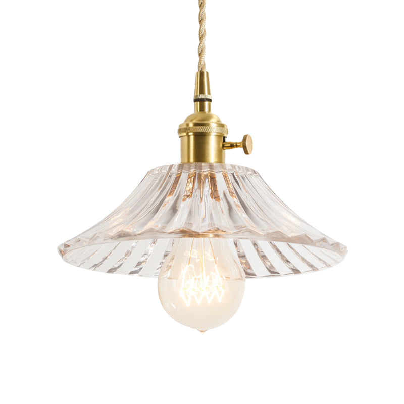 1-Light Floral/Flared/Cone Hanging Lamp Rustic Brass Clear Ribbed/Gridded Glass Ceiling Pendant Light over Table Clearhalo 'Ceiling Lights' 'Glass shade' 'Glass' 'Industrial Pendants' 'Industrial' 'Middle Century Pendants' 'Pendant Lights' 'Pendants' 'Tiffany' Lighting' 1918337