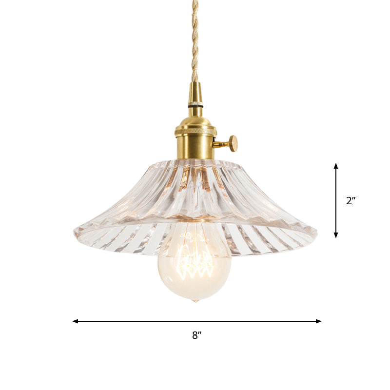 1-Light Floral/Flared/Cone Hanging Lamp Rustic Brass Clear Ribbed/Gridded Glass Ceiling Pendant Light over Table Clearhalo 'Ceiling Lights' 'Glass shade' 'Glass' 'Industrial Pendants' 'Industrial' 'Middle Century Pendants' 'Pendant Lights' 'Pendants' 'Tiffany' Lighting' 1918338