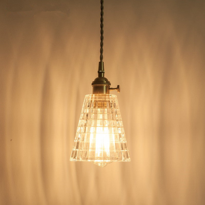 1-Light Floral/Flared/Cone Hanging Lamp Rustic Brass Clear Ribbed/Gridded Glass Ceiling Pendant Light over Table Brass A Clearhalo 'Ceiling Lights' 'Glass shade' 'Glass' 'Industrial Pendants' 'Industrial' 'Middle Century Pendants' 'Pendant Lights' 'Pendants' 'Tiffany' Lighting' 1918339