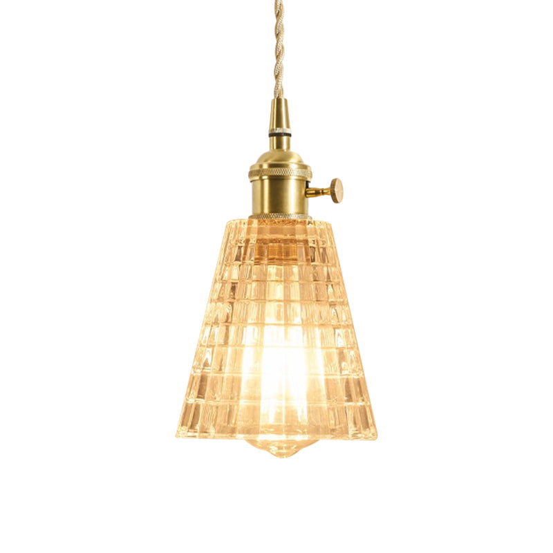 1-Light Floral/Flared/Cone Hanging Lamp Rustic Brass Clear Ribbed/Gridded Glass Ceiling Pendant Light over Table Clearhalo 'Ceiling Lights' 'Glass shade' 'Glass' 'Industrial Pendants' 'Industrial' 'Middle Century Pendants' 'Pendant Lights' 'Pendants' 'Tiffany' Lighting' 1918340