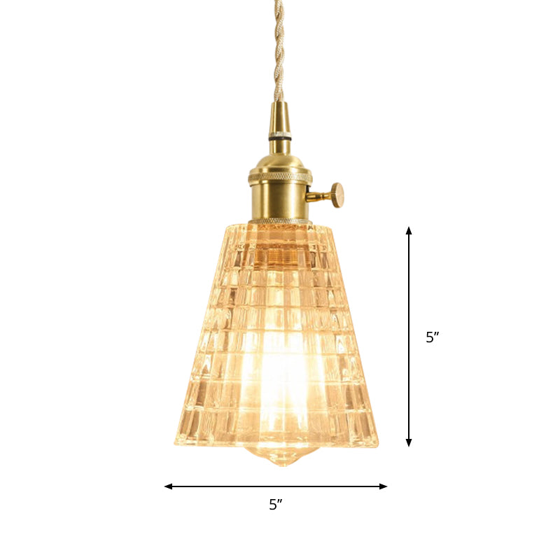 1-Light Floral/Flared/Cone Hanging Lamp Rustic Brass Clear Ribbed/Gridded Glass Ceiling Pendant Light over Table Clearhalo 'Ceiling Lights' 'Glass shade' 'Glass' 'Industrial Pendants' 'Industrial' 'Middle Century Pendants' 'Pendant Lights' 'Pendants' 'Tiffany' Lighting' 1918341