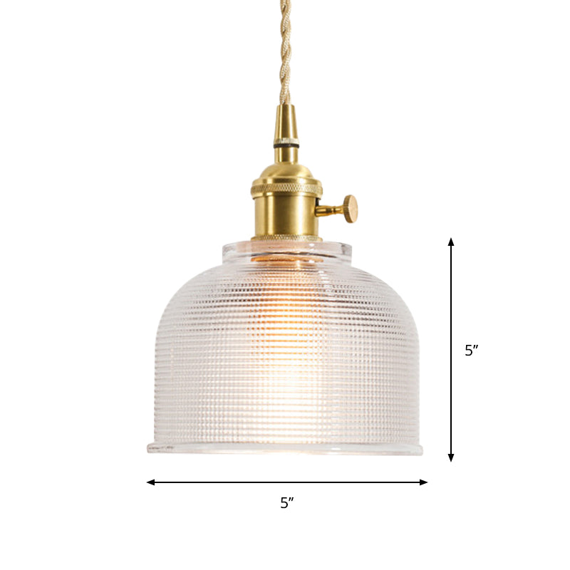 1-Light Floral/Flared/Cone Hanging Lamp Rustic Brass Clear Ribbed/Gridded Glass Ceiling Pendant Light over Table Clearhalo 'Ceiling Lights' 'Glass shade' 'Glass' 'Industrial Pendants' 'Industrial' 'Middle Century Pendants' 'Pendant Lights' 'Pendants' 'Tiffany' Lighting' 1918344