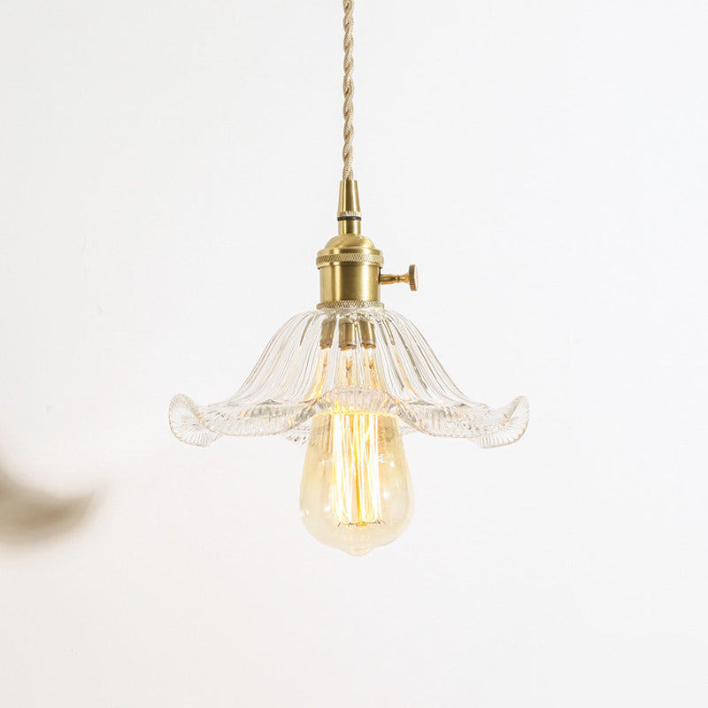 1-Light Floral/Flared/Cone Hanging Lamp Rustic Brass Clear Ribbed/Gridded Glass Ceiling Pendant Light over Table Brass D Clearhalo 'Ceiling Lights' 'Glass shade' 'Glass' 'Industrial Pendants' 'Industrial' 'Middle Century Pendants' 'Pendant Lights' 'Pendants' 'Tiffany' Lighting' 1918345