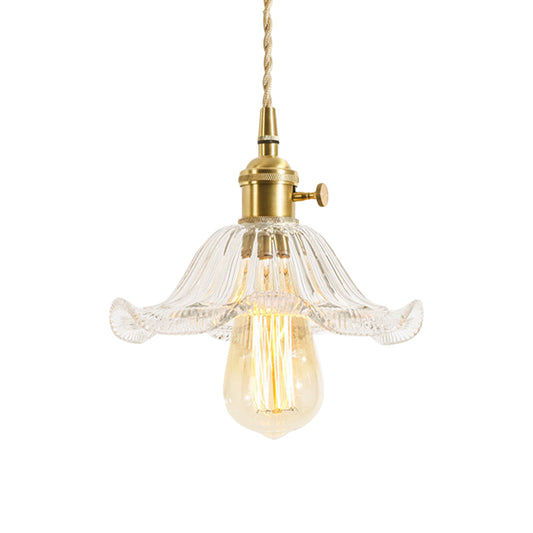 1-Light Floral/Flared/Cone Hanging Lamp Rustic Brass Clear Ribbed/Gridded Glass Ceiling Pendant Light over Table Clearhalo 'Ceiling Lights' 'Glass shade' 'Glass' 'Industrial Pendants' 'Industrial' 'Middle Century Pendants' 'Pendant Lights' 'Pendants' 'Tiffany' Lighting' 1918346