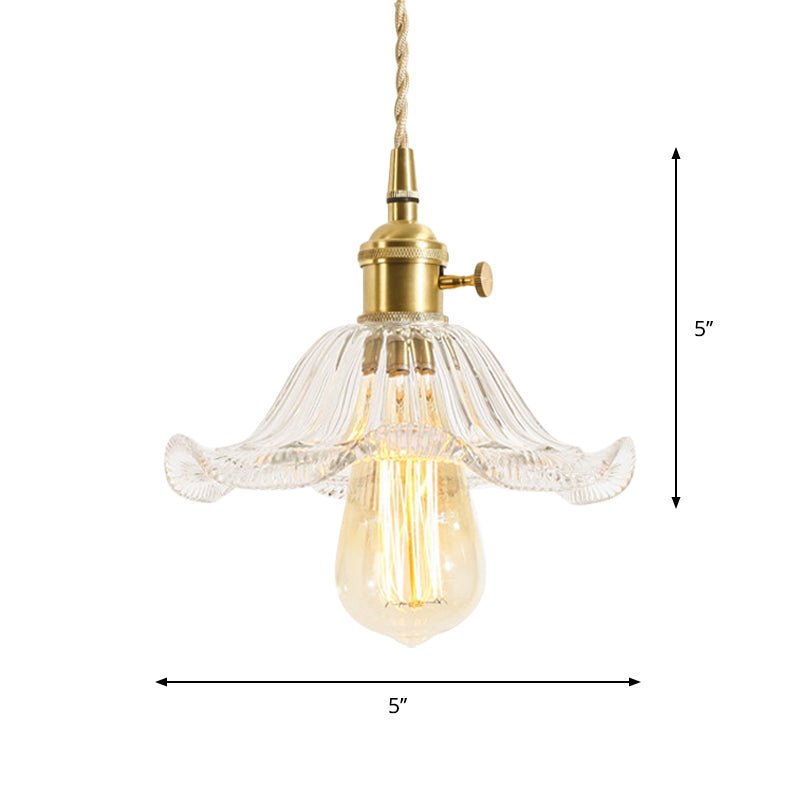 1-Light Floral/Flared/Cone Hanging Lamp Rustic Brass Clear Ribbed/Gridded Glass Ceiling Pendant Light over Table Clearhalo 'Ceiling Lights' 'Glass shade' 'Glass' 'Industrial Pendants' 'Industrial' 'Middle Century Pendants' 'Pendant Lights' 'Pendants' 'Tiffany' Lighting' 1918347