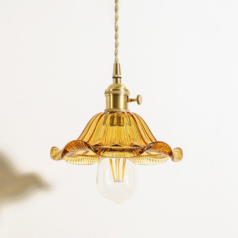 1-Light Floral/Flared/Cone Hanging Lamp Rustic Brass Clear Ribbed/Gridded Glass Ceiling Pendant Light over Table Brass E Clearhalo 'Ceiling Lights' 'Glass shade' 'Glass' 'Industrial Pendants' 'Industrial' 'Middle Century Pendants' 'Pendant Lights' 'Pendants' 'Tiffany' Lighting' 1918348