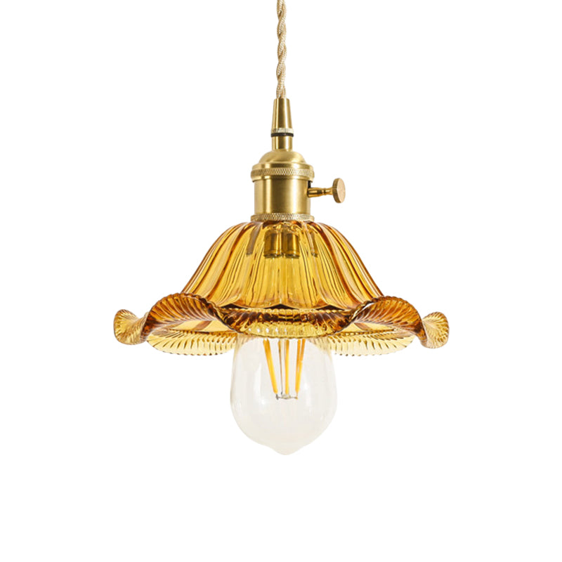 1-Light Floral/Flared/Cone Hanging Lamp Rustic Brass Clear Ribbed/Gridded Glass Ceiling Pendant Light over Table Clearhalo 'Ceiling Lights' 'Glass shade' 'Glass' 'Industrial Pendants' 'Industrial' 'Middle Century Pendants' 'Pendant Lights' 'Pendants' 'Tiffany' Lighting' 1918349