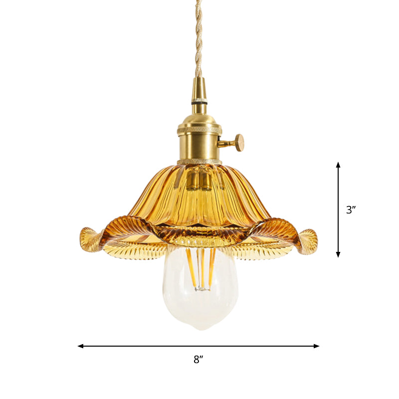 1-Light Floral/Flared/Cone Hanging Lamp Rustic Brass Clear Ribbed/Gridded Glass Ceiling Pendant Light over Table Clearhalo 'Ceiling Lights' 'Glass shade' 'Glass' 'Industrial Pendants' 'Industrial' 'Middle Century Pendants' 'Pendant Lights' 'Pendants' 'Tiffany' Lighting' 1918350
