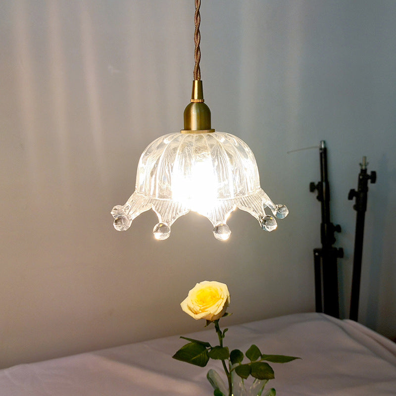 Clear Carved Glass Crown Pendulum Light Countryside 1 Bulb Kids Bedroom Pendant Lamp in Brass Clearhalo 'Ceiling Lights' 'Glass shade' 'Glass' 'Industrial Pendants' 'Industrial' 'Middle Century Pendants' 'Pendant Lights' 'Pendants' 'Tiffany' Lighting' 1918522