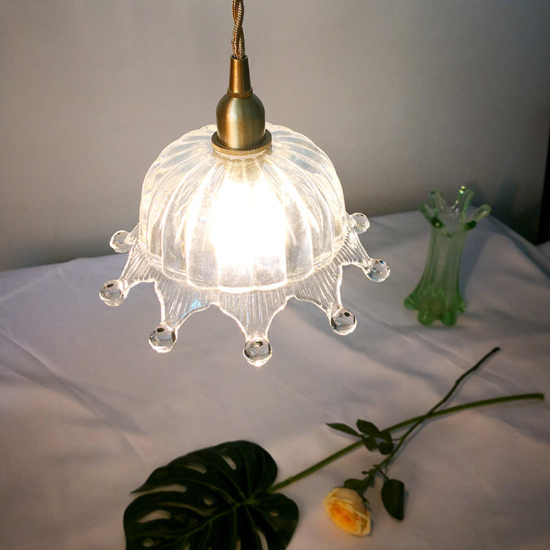 Clear Carved Glass Crown Pendulum Light Countryside 1 Bulb Kids Bedroom Pendant Lamp in Brass Clearhalo 'Ceiling Lights' 'Glass shade' 'Glass' 'Industrial Pendants' 'Industrial' 'Middle Century Pendants' 'Pendant Lights' 'Pendants' 'Tiffany' Lighting' 1918523