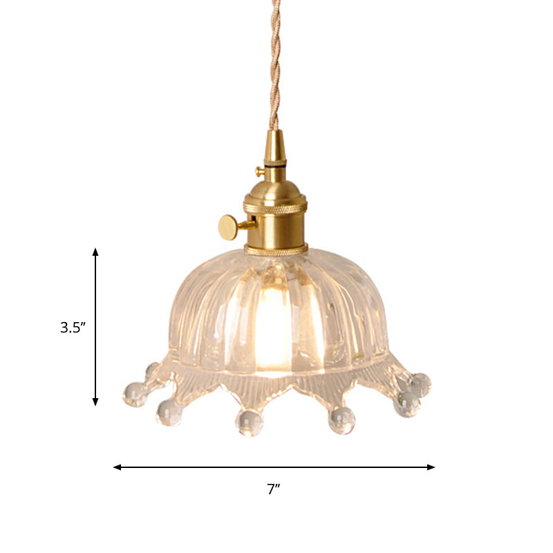 Clear Carved Glass Crown Pendulum Light Countryside 1 Bulb Kids Bedroom Pendant Lamp in Brass Clearhalo 'Ceiling Lights' 'Glass shade' 'Glass' 'Industrial Pendants' 'Industrial' 'Middle Century Pendants' 'Pendant Lights' 'Pendants' 'Tiffany' Lighting' 1918525
