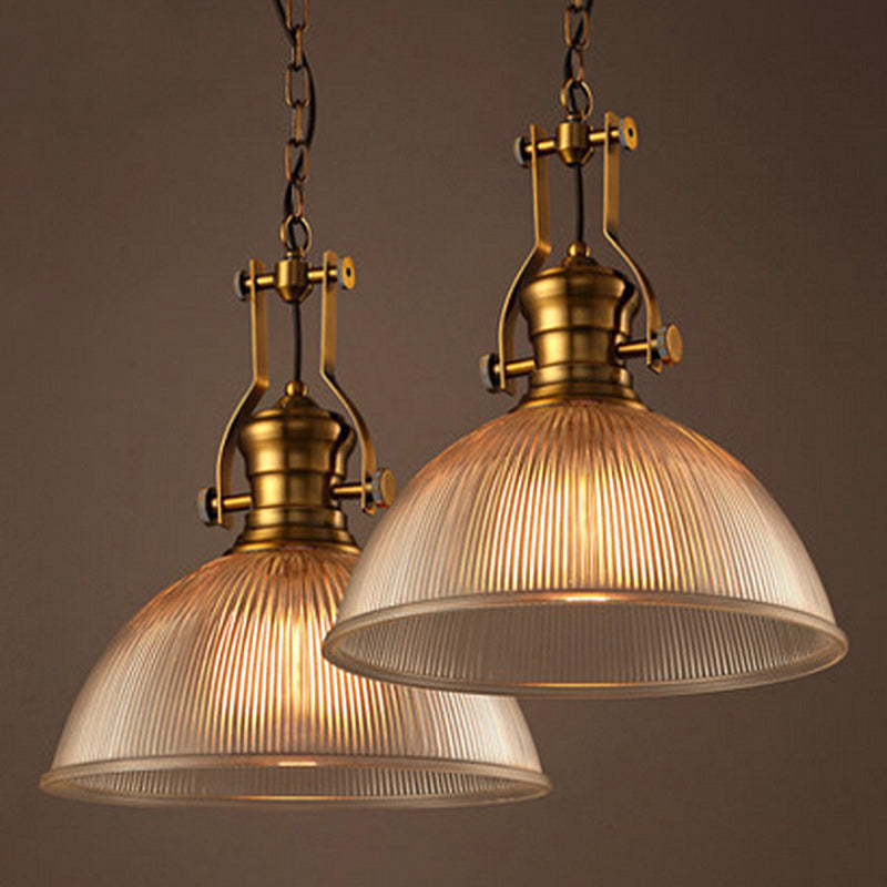 Brass Finish Bowl Pendant Lighting Warehouse Clear Ribbed Glass 1 Head 12"/15"/19.5" W Bistro Hanging Light with Handle Brass Clearhalo 'Ceiling Lights' 'Close To Ceiling Lights' 'Glass shade' 'Glass' 'Industrial Pendants' 'Industrial' 'Middle Century Pendants' 'Pendant Lights' 'Pendants' 'Tiffany' Lighting' 1918532