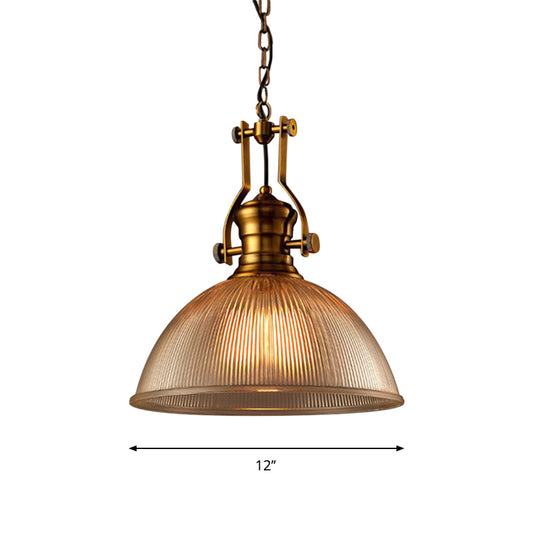 Brass Finish Bowl Pendant Lighting Warehouse Clear Ribbed Glass 1 Head 12"/15"/19.5" W Bistro Hanging Light with Handle Clearhalo 'Ceiling Lights' 'Close To Ceiling Lights' 'Glass shade' 'Glass' 'Industrial Pendants' 'Industrial' 'Middle Century Pendants' 'Pendant Lights' 'Pendants' 'Tiffany' Lighting' 1918536