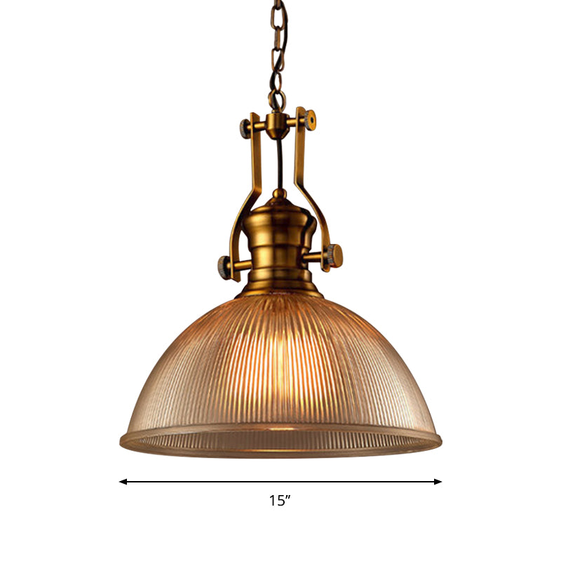 Brass Finish Bowl Pendant Lighting Warehouse Clear Ribbed Glass 1 Head 12"/15"/19.5" W Bistro Hanging Light with Handle Clearhalo 'Ceiling Lights' 'Close To Ceiling Lights' 'Glass shade' 'Glass' 'Industrial Pendants' 'Industrial' 'Middle Century Pendants' 'Pendant Lights' 'Pendants' 'Tiffany' Lighting' 1918537
