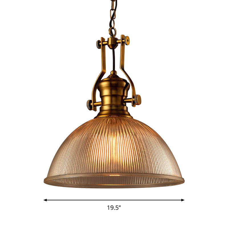 Brass Finish Bowl Pendant Lighting Warehouse Clear Ribbed Glass 1 Head 12"/15"/19.5" W Bistro Hanging Light with Handle Clearhalo 'Ceiling Lights' 'Close To Ceiling Lights' 'Glass shade' 'Glass' 'Industrial Pendants' 'Industrial' 'Middle Century Pendants' 'Pendant Lights' 'Pendants' 'Tiffany' Lighting' 1918538