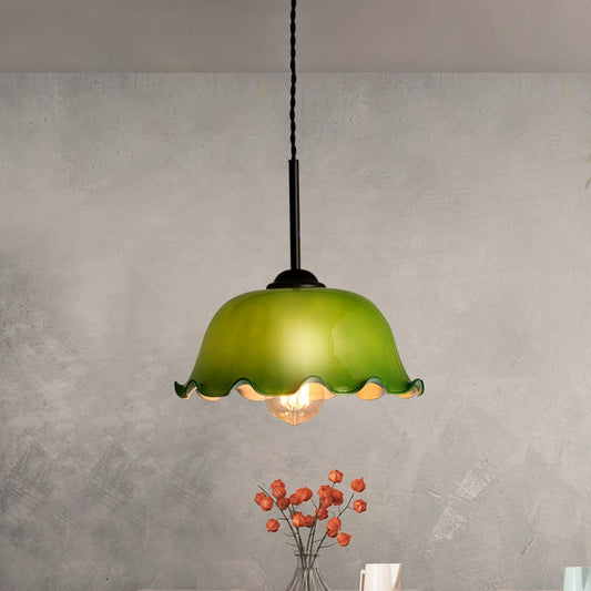 Single Green/White Glass Pendant Lighting Rustic Black Lettuce-Trim Bowl Living Room Ceiling Hang Lamp Clearhalo 'Ceiling Lights' 'Glass shade' 'Glass' 'Industrial Pendants' 'Industrial' 'Middle Century Pendants' 'Pendant Lights' 'Pendants' 'Tiffany' Lighting' 1918546