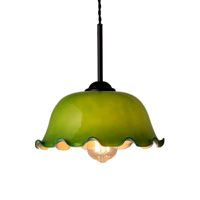 Single Green/White Glass Pendant Lighting Rustic Black Lettuce-Trim Bowl Living Room Ceiling Hang Lamp Clearhalo 'Ceiling Lights' 'Glass shade' 'Glass' 'Industrial Pendants' 'Industrial' 'Middle Century Pendants' 'Pendant Lights' 'Pendants' 'Tiffany' Lighting' 1918547