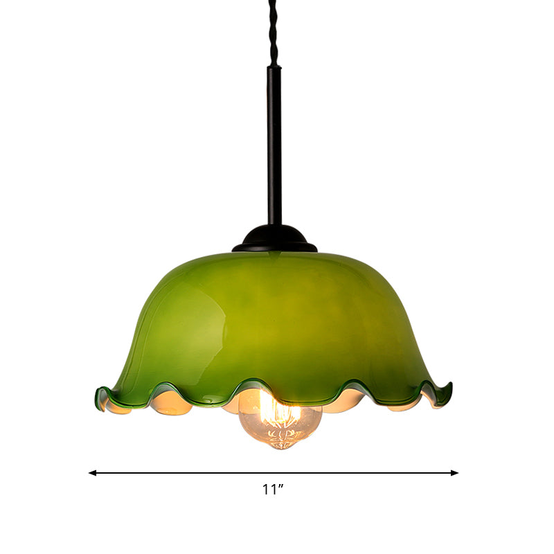 Single Green/White Glass Pendant Lighting Rustic Black Lettuce-Trim Bowl Living Room Ceiling Hang Lamp Clearhalo 'Ceiling Lights' 'Glass shade' 'Glass' 'Industrial Pendants' 'Industrial' 'Middle Century Pendants' 'Pendant Lights' 'Pendants' 'Tiffany' Lighting' 1918548
