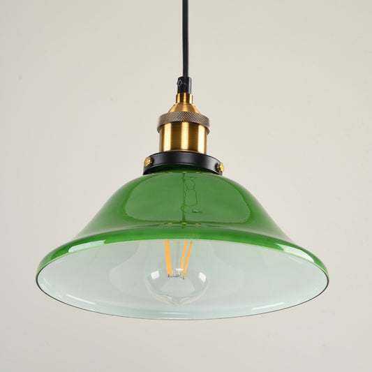 1-Light Carillon Suspension Pendant Vintage Brass Green Glass Hanging Light Fixture for Guest Room, 8"/10" Width Green 10" Clearhalo 'Ceiling Lights' 'Glass shade' 'Glass' 'Industrial Pendants' 'Industrial' 'Middle Century Pendants' 'Pendant Lights' 'Pendants' 'Tiffany' Lighting' 1918553