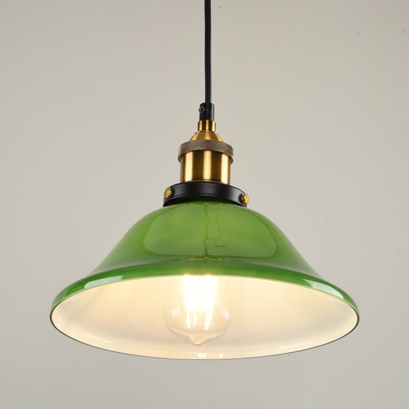 1-Light Carillon Suspension Pendant Vintage Brass Green Glass Hanging Light Fixture for Guest Room, 8"/10" Width Clearhalo 'Ceiling Lights' 'Glass shade' 'Glass' 'Industrial Pendants' 'Industrial' 'Middle Century Pendants' 'Pendant Lights' 'Pendants' 'Tiffany' Lighting' 1918554