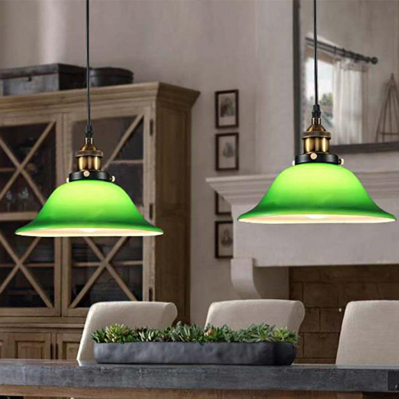 1-Light Carillon Suspension Pendant Vintage Brass Green Glass Hanging Light Fixture for Guest Room, 8"/10" Width Clearhalo 'Ceiling Lights' 'Glass shade' 'Glass' 'Industrial Pendants' 'Industrial' 'Middle Century Pendants' 'Pendant Lights' 'Pendants' 'Tiffany' Lighting' 1918555