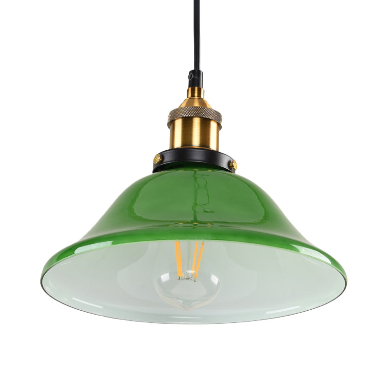 1-Light Carillon Suspension Pendant Vintage Brass Green Glass Hanging Light Fixture for Guest Room, 8"/10" Width Clearhalo 'Ceiling Lights' 'Glass shade' 'Glass' 'Industrial Pendants' 'Industrial' 'Middle Century Pendants' 'Pendant Lights' 'Pendants' 'Tiffany' Lighting' 1918556