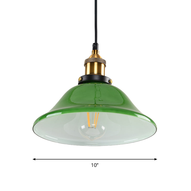 1-Light Carillon Suspension Pendant Vintage Brass Green Glass Hanging Light Fixture for Guest Room, 8"/10" Width Clearhalo 'Ceiling Lights' 'Glass shade' 'Glass' 'Industrial Pendants' 'Industrial' 'Middle Century Pendants' 'Pendant Lights' 'Pendants' 'Tiffany' Lighting' 1918557