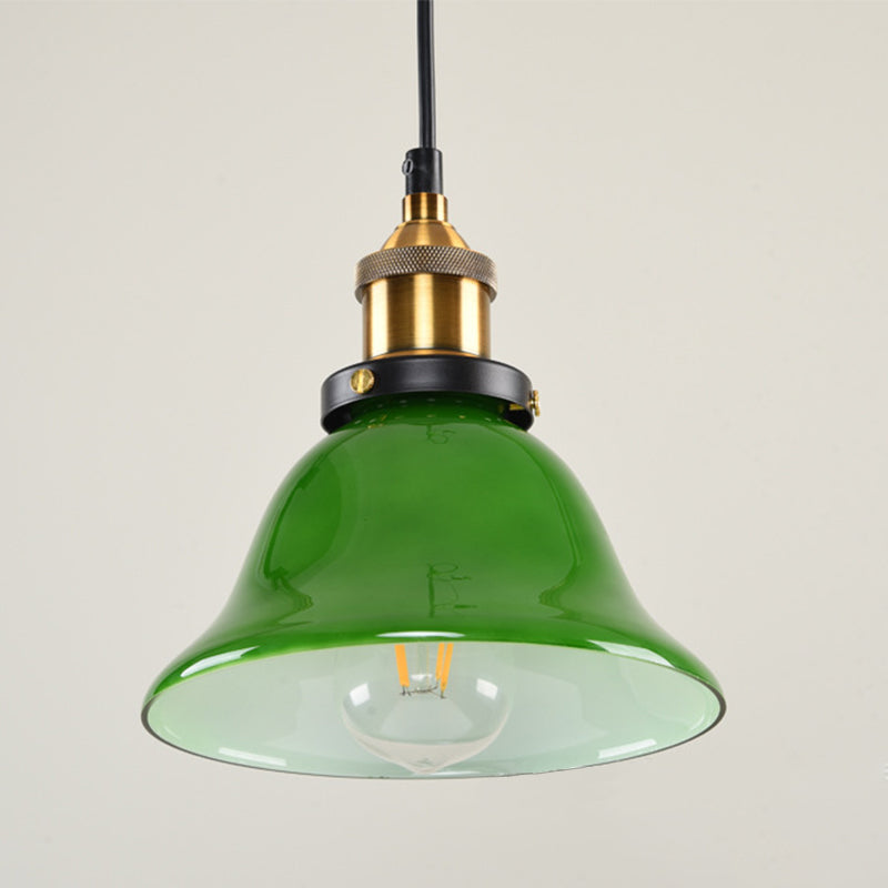 1-Light Carillon Suspension Pendant Vintage Brass Green Glass Hanging Light Fixture for Guest Room, 8"/10" Width Clearhalo 'Ceiling Lights' 'Glass shade' 'Glass' 'Industrial Pendants' 'Industrial' 'Middle Century Pendants' 'Pendant Lights' 'Pendants' 'Tiffany' Lighting' 1918559
