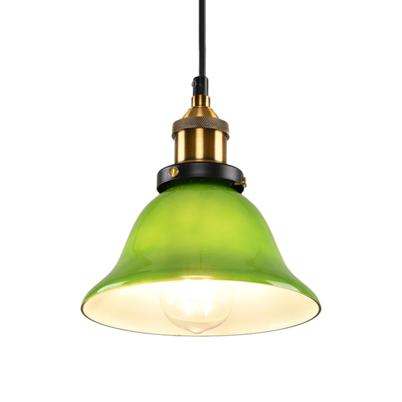 1-Light Carillon Suspension Pendant Vintage Brass Green Glass Hanging Light Fixture for Guest Room, 8"/10" Width Clearhalo 'Ceiling Lights' 'Glass shade' 'Glass' 'Industrial Pendants' 'Industrial' 'Middle Century Pendants' 'Pendant Lights' 'Pendants' 'Tiffany' Lighting' 1918560