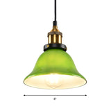 1-Light Carillon Suspension Pendant Vintage Brass Green Glass Hanging Light Fixture for Guest Room, 8"/10" Width Clearhalo 'Ceiling Lights' 'Glass shade' 'Glass' 'Industrial Pendants' 'Industrial' 'Middle Century Pendants' 'Pendant Lights' 'Pendants' 'Tiffany' Lighting' 1918561