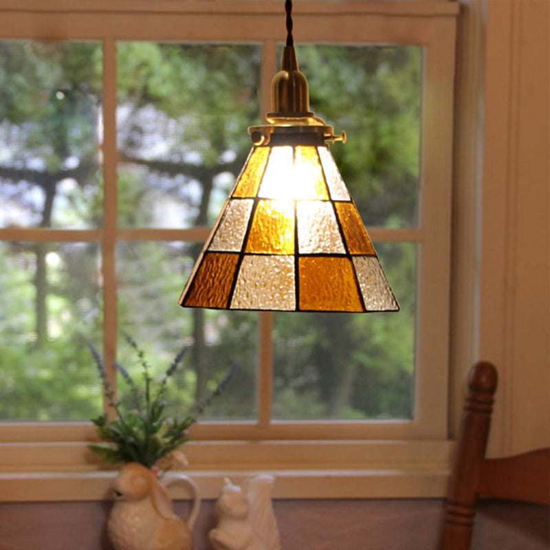 Coastal Checkered Cone-Shaped Pendant Lamp 1 Head Clear and Brown