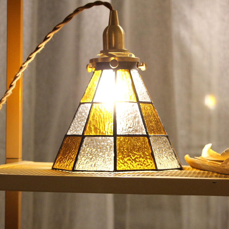 Coastal Checkered Cone-Shaped Pendant Lamp 1 Head Clear and Brown Mosaic  Glass Hanging Ceiling Light in Brass