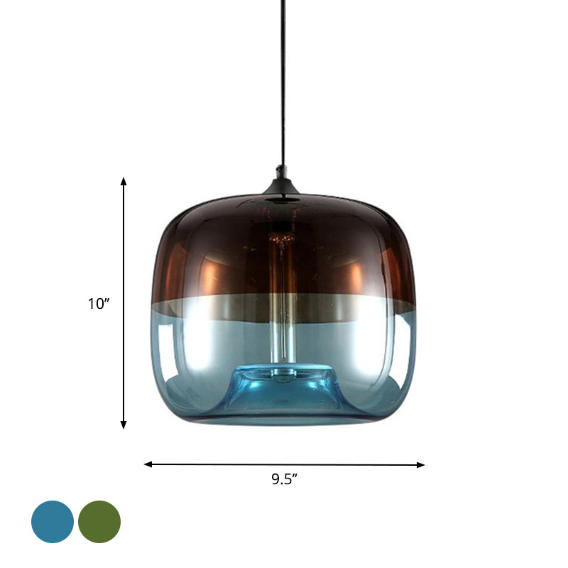 Drum Dining Table Suspension Lamp Industrial Green/Blue and Brown Glass 1-Light Black Hanging Pendant Light Clearhalo 'Ceiling Lights' 'Glass shade' 'Glass' 'Industrial Pendants' 'Industrial' 'Middle Century Pendants' 'Pendant Lights' 'Pendants' 'Tiffany' Lighting' 1918603