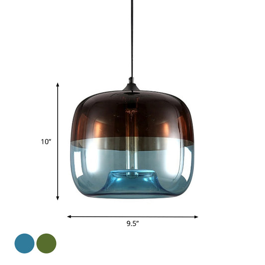 Drum Dining Table Suspension Lamp Industrial Green/Blue and Brown Glass 1-Light Black Hanging Pendant Light Clearhalo 'Ceiling Lights' 'Glass shade' 'Glass' 'Industrial Pendants' 'Industrial' 'Middle Century Pendants' 'Pendant Lights' 'Pendants' 'Tiffany' Lighting' 1918603