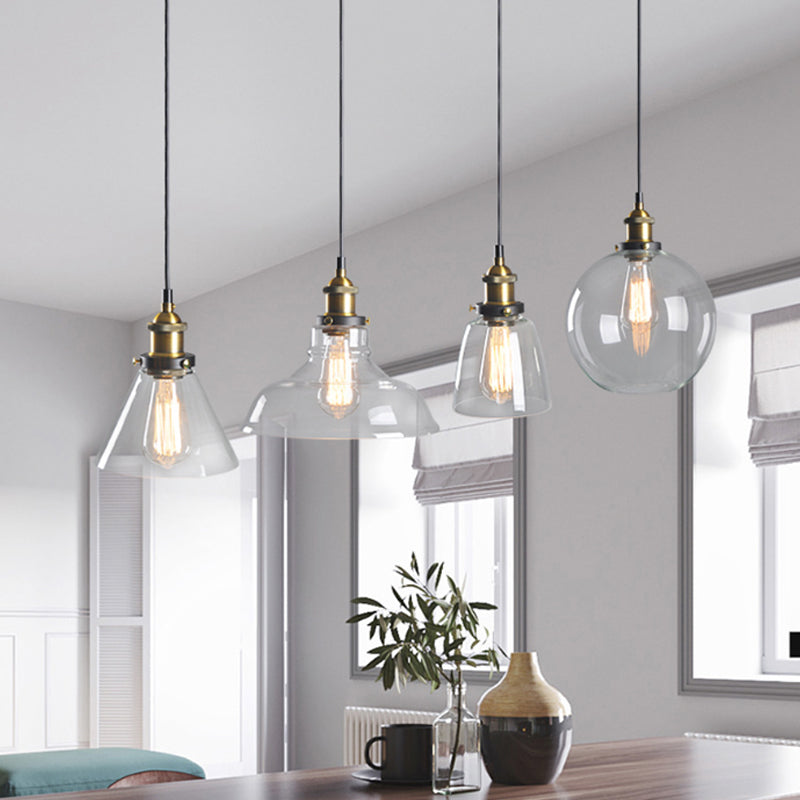 8"/10" Dia Single Bulb Ceiling Pendant Warehouse Globe/Half-Globe Clear Glass Hanging Light Fixture in Brass Clearhalo 'Ceiling Lights' 'Glass shade' 'Glass' 'Industrial Pendants' 'Industrial' 'Middle Century Pendants' 'Pendant Lights' 'Pendants' 'Tiffany' Lighting' 1918650