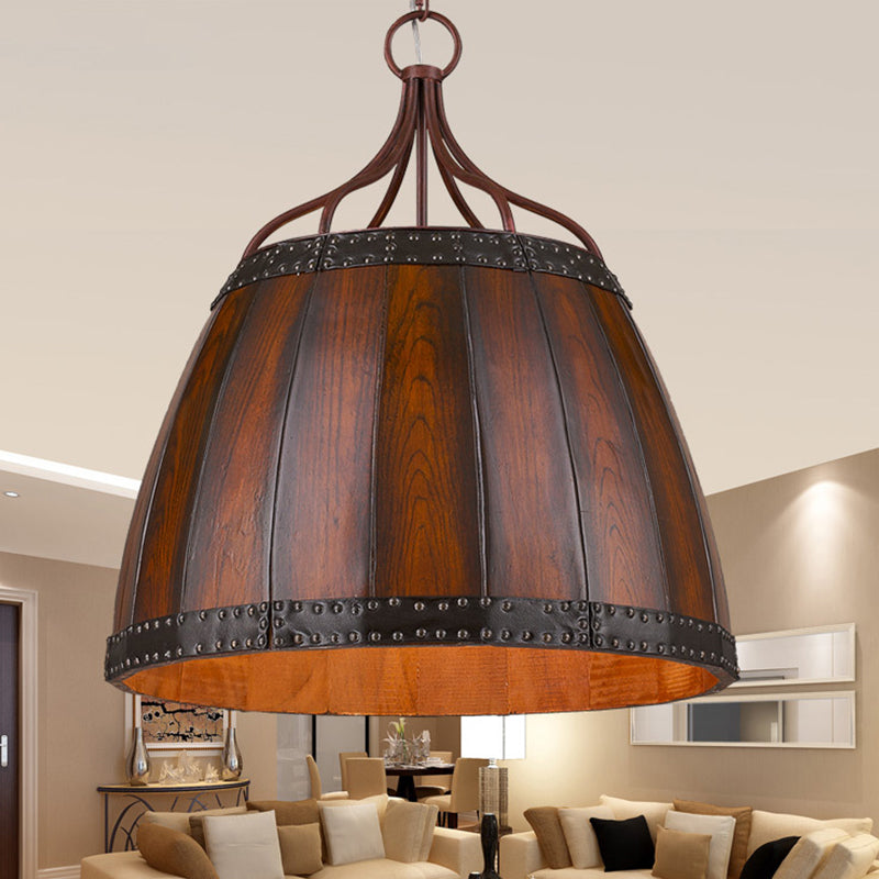 Brown Wine Drum Pendant Light Fixture Rustic Wood 4 Bulbs Living Room Chandelier Lamp Clearhalo 'Ceiling Lights' 'Chandeliers' Lighting' options 1918847