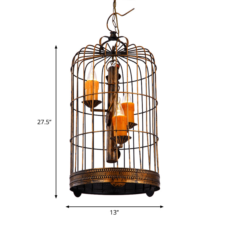 Resin Amber Drop Pendant Candle 3 Bulbs Countryside Chandelier Lamp with Antique Brass Long Bird Cage Clearhalo 'Ceiling Lights' 'Chandeliers' Lighting' options 1918868