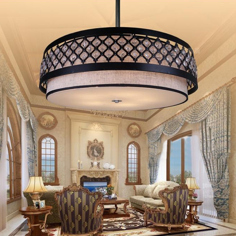 Hand Sewn Fabric Drum Pendant Farmhouse 5-Light Bedroom Chandelier Lighting with Crystal Detailing Cage Guard, Black Clearhalo 'Ceiling Lights' 'Chandeliers' Lighting' options 1918870