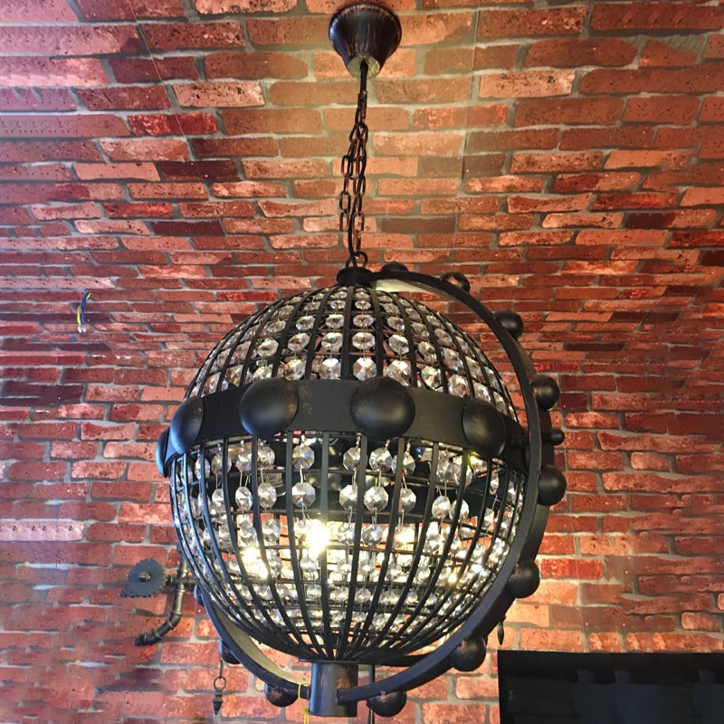 Rustic Wire Cage Globe Chandelier 6 Bulbs Beveled Crystal Pendant Ceiling Light in Black Clearhalo 'Ceiling Lights' 'Chandeliers' Lighting' options 1918875