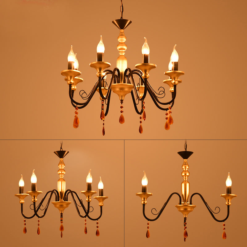 Metal Black-Gold Hanging Light Candelabra 3/5/8 Heads Farmhouse Pendant Chandelier with Amber Crystal Drape Clearhalo 'Ceiling Lights' 'Chandeliers' Lighting' options 1918880