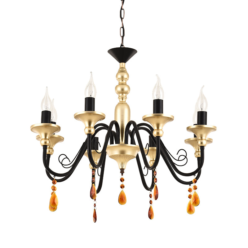 Metal Black-Gold Hanging Light Candelabra 3/5/8 Heads Farmhouse Pendant Chandelier with Amber Crystal Drape Clearhalo 'Ceiling Lights' 'Chandeliers' Lighting' options 1918882