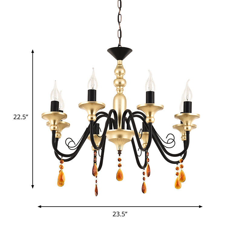 Metal Black-Gold Hanging Light Candelabra 3/5/8 Heads Farmhouse Pendant Chandelier with Amber Crystal Drape Clearhalo 'Ceiling Lights' 'Chandeliers' Lighting' options 1918883